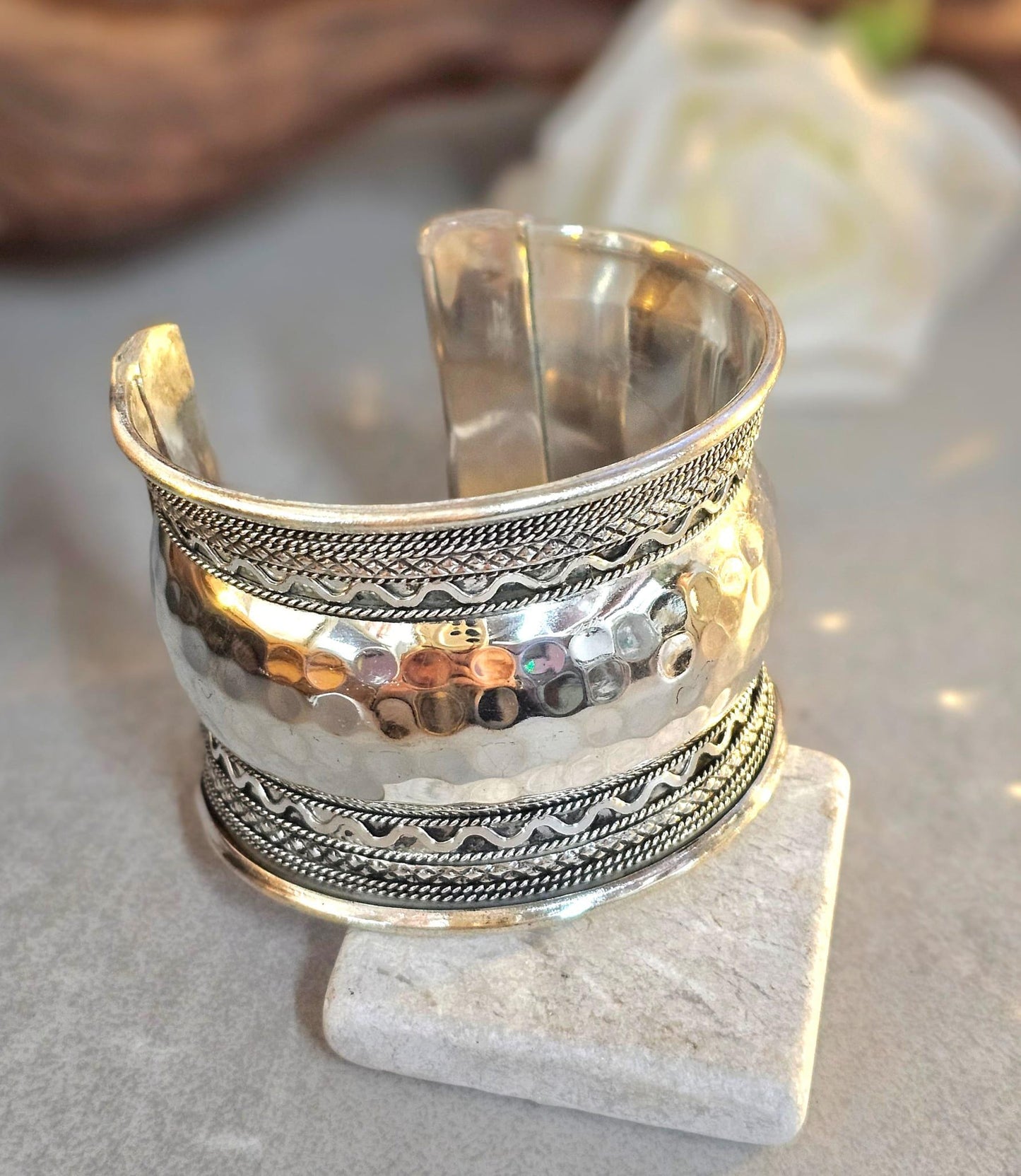 Silver Cuff Bracelet: Detailed boho ethnic style jewelry / Hypoallergenic jewelry