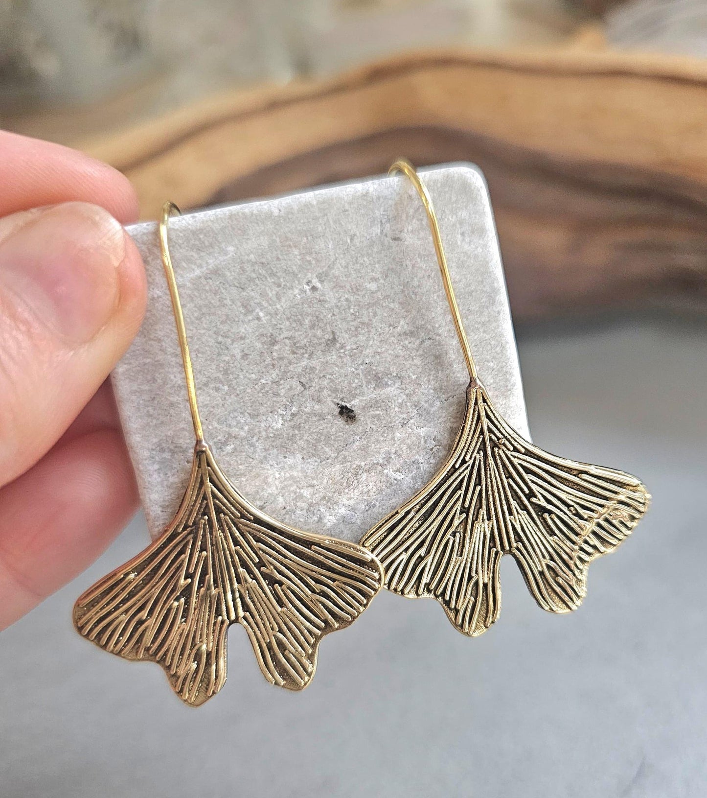 Handmade Raw Brass Leaf Dangle Earrings – Lightweight, nature-inspired earrings with an organic raw brass finish.