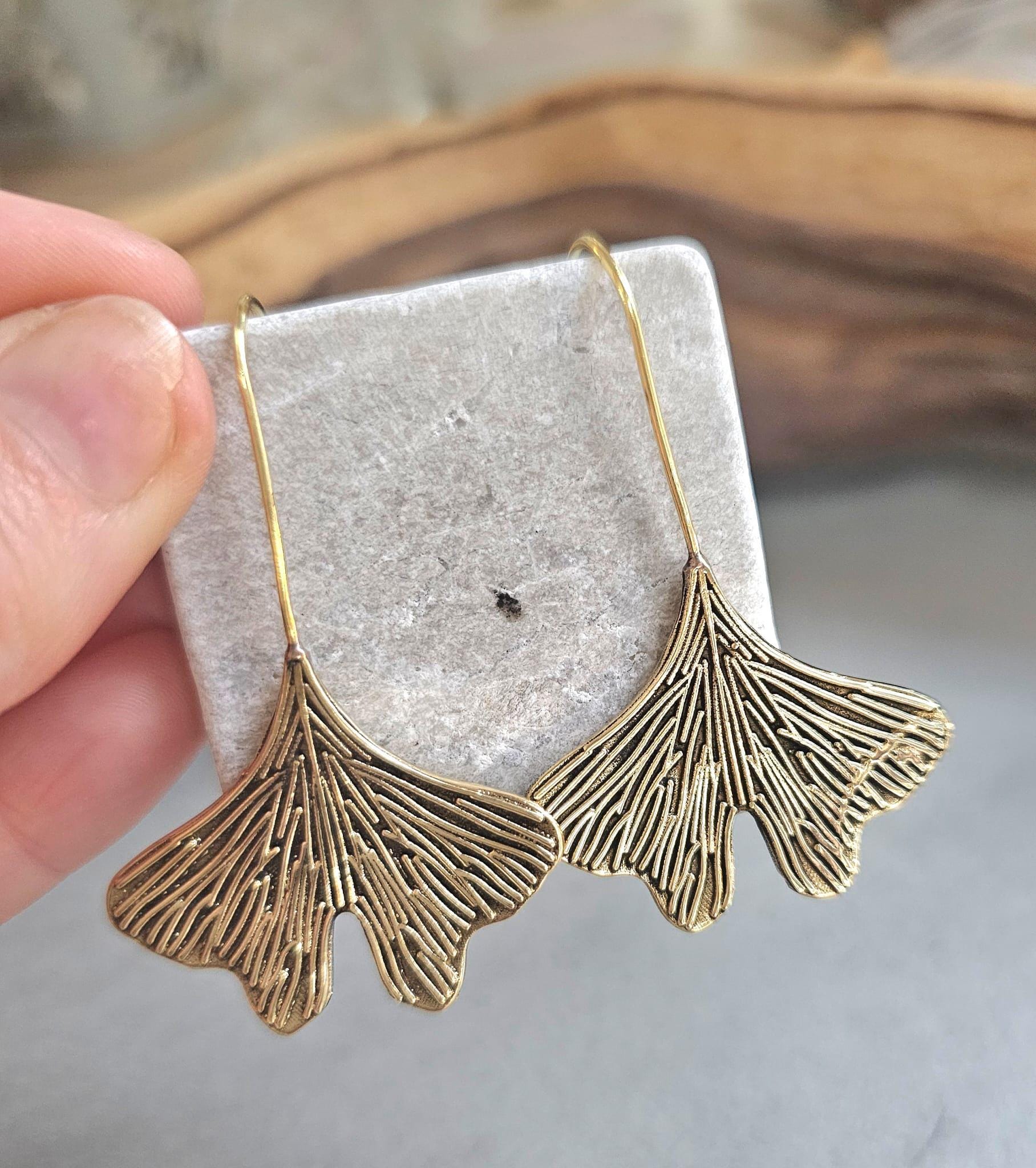 Handmade Raw Brass Leaf Dangle Earrings – Lightweight, nature-inspired earrings with an organic raw brass finish.