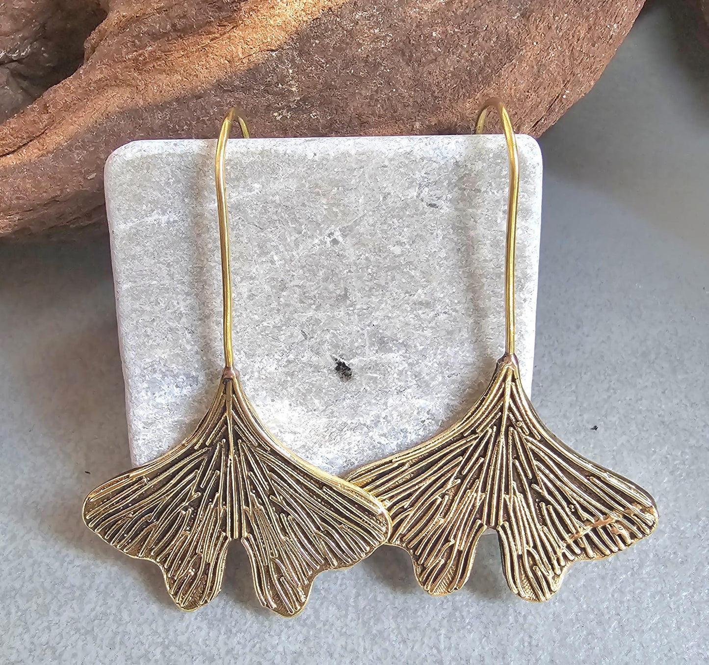 Handmade Raw Brass Leaf Dangle Earrings – Lightweight, nature-inspired earrings with an organic raw brass finish.