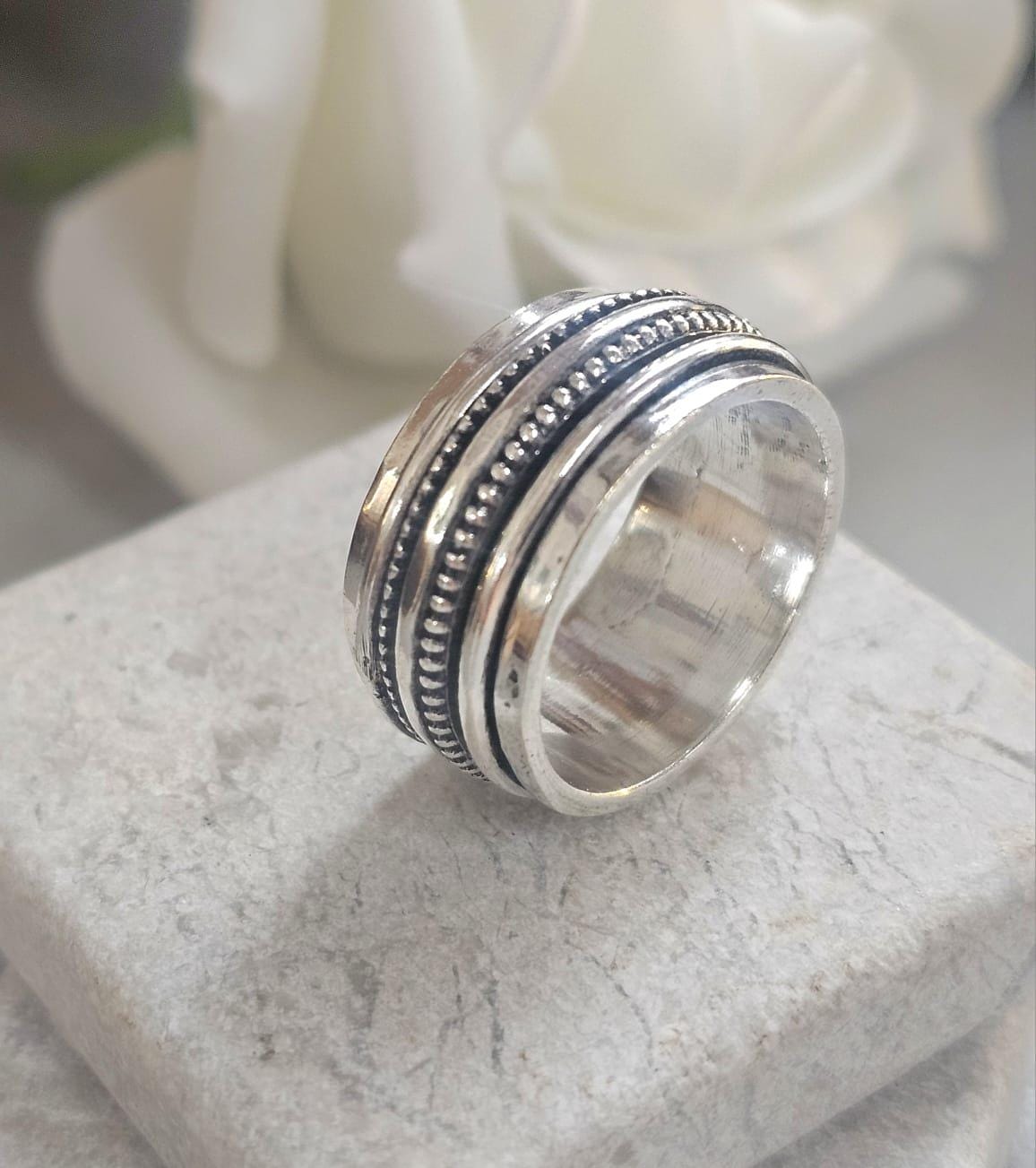Silver Plated Spinner Ring – Wide Band Ring – Textured Rotating Design – Everyday Mindful Jewellery