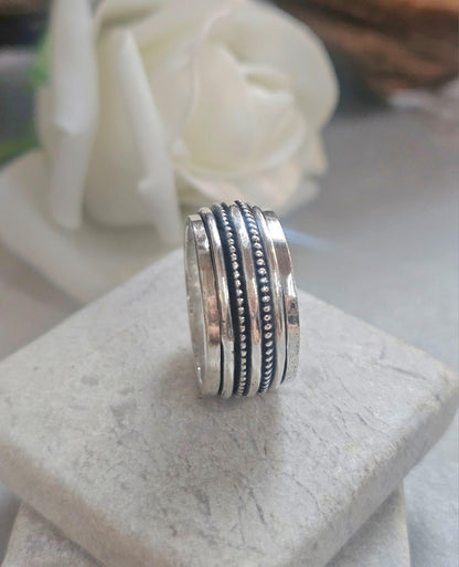Silver Plated Spinner Ring – Wide Band Ring – Textured Rotating Design – Everyday Mindful Jewellery