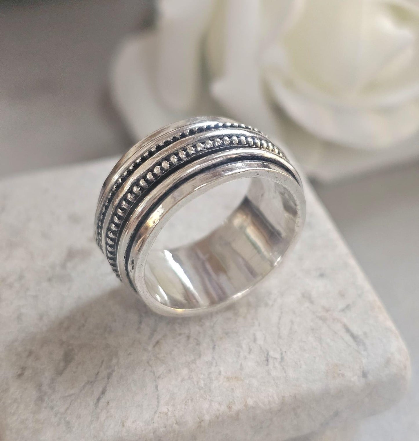 Silver Plated Spinner Ring – Wide Band Ring – Textured Rotating Design – Everyday Mindful Jewellery