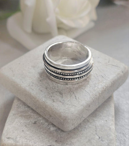 Silver Plated Spinner Ring – Wide Band Ring – Textured Rotating Design – Everyday Mindful Jewellery