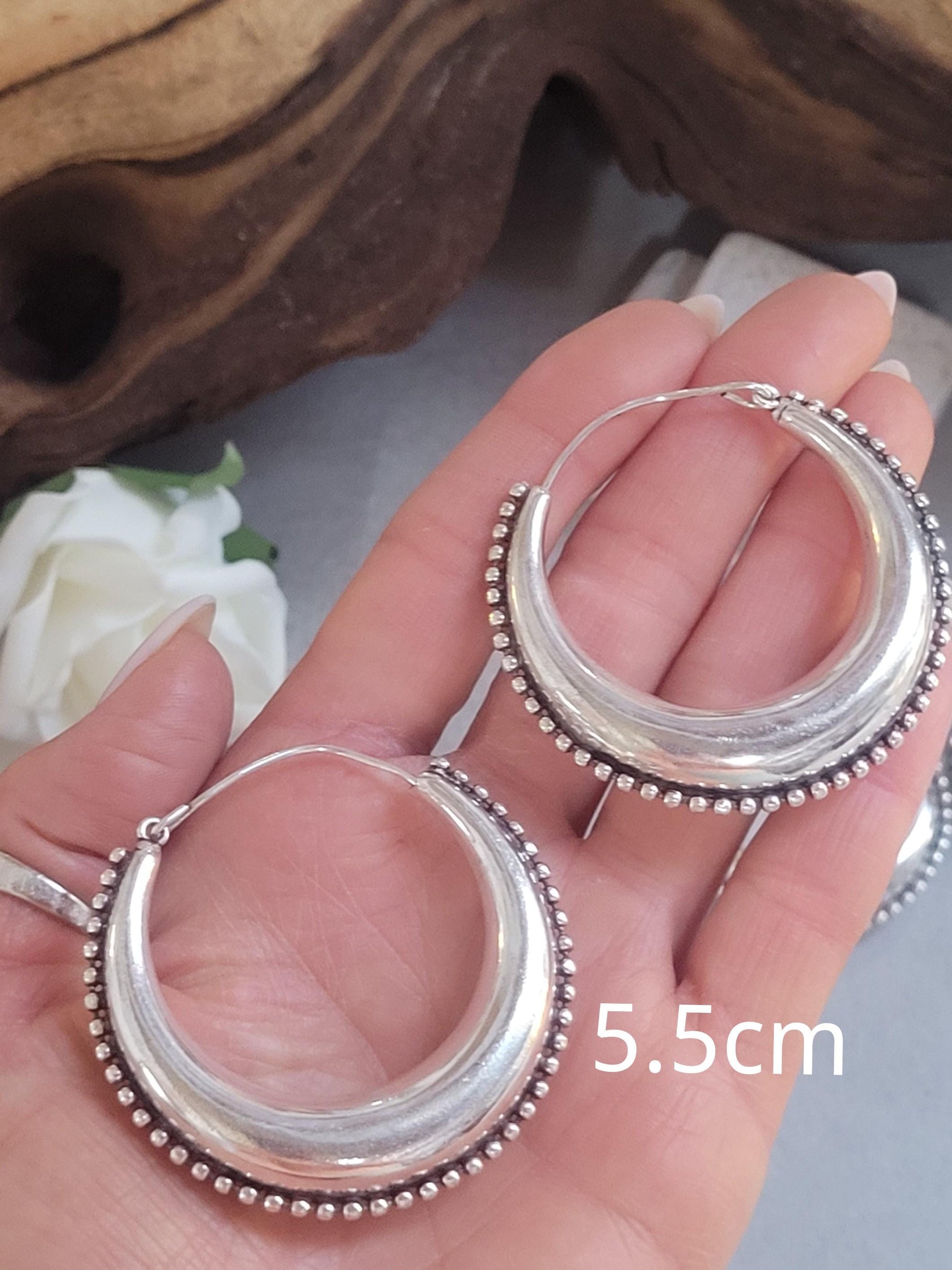 Silver Boho Hoop Earrings – Tribal Crescent Hoops – Silver Plated, Nickel & Lead Free – Statement Earrings – Available in 6 Sizes