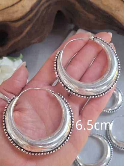 Silver Boho Hoop Earrings – Tribal Crescent Hoops – Silver Plated, Nickel & Lead Free – Statement Earrings – Available in 6 Sizes