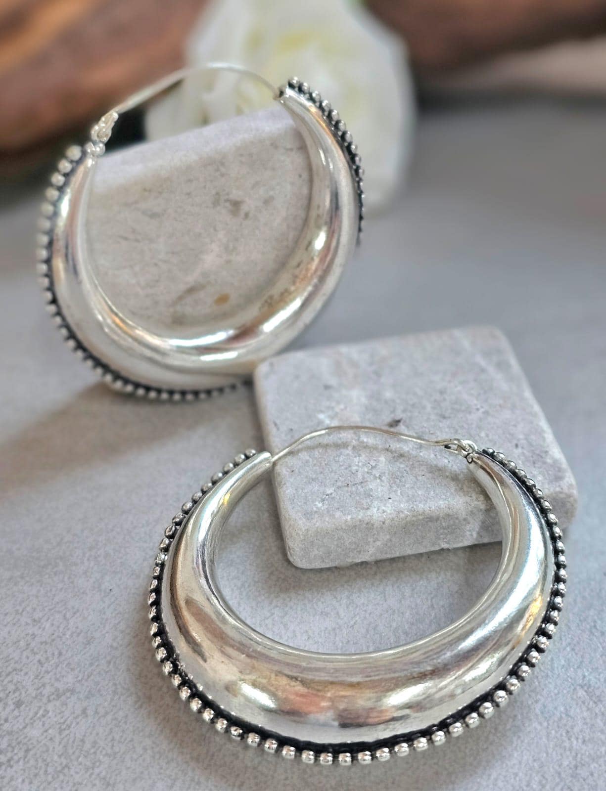 Silver Boho Hoop Earrings – Tribal Crescent Hoops – Silver Plated, Nickel & Lead Free – Statement Earrings – Available in 6 Sizes