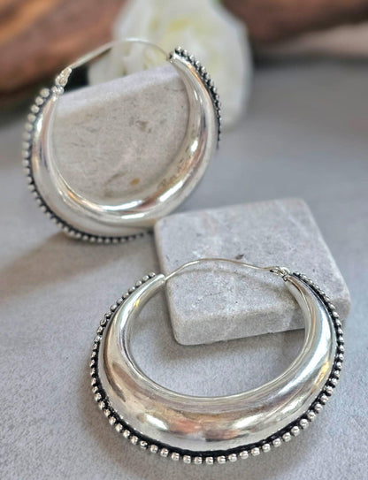Silver Boho Hoop Earrings – Tribal Crescent Hoops – Silver Plated, Nickel & Lead Free – Statement Earrings – Available in 6 Sizes