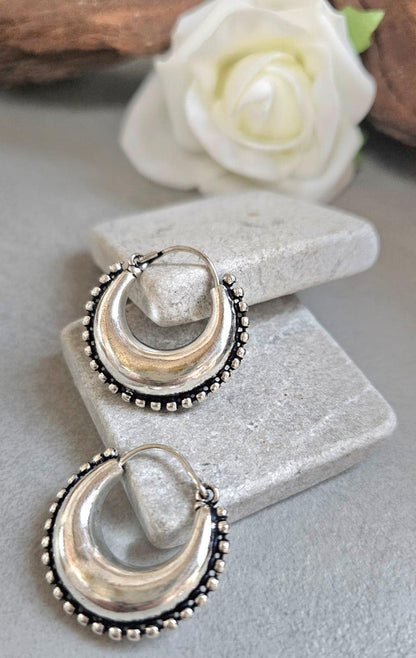 Silver Boho Hoop Earrings – Tribal Crescent Hoops – Silver Plated, Nickel & Lead Free – Statement Earrings – Available in 6 Sizes