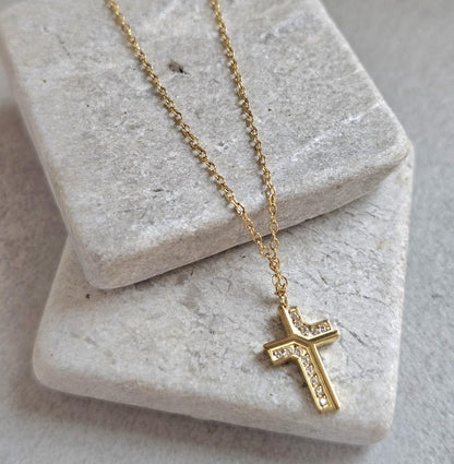 18K Gold Cross Necklace 19 Inch Chain, Jesus Cross Pendant, Gold Plated Cross Necklace, Faith Necklace, Christian Jewellery, Religious Gift