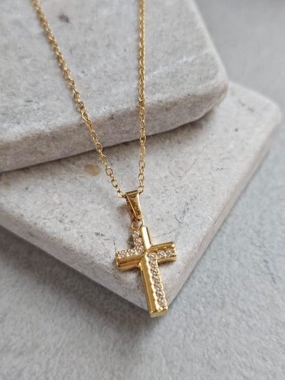 18K Gold Cross Necklace 19 Inch Chain, Jesus Cross Pendant, Gold Plated Cross Necklace, Faith Necklace, Christian Jewellery, Religious Gift