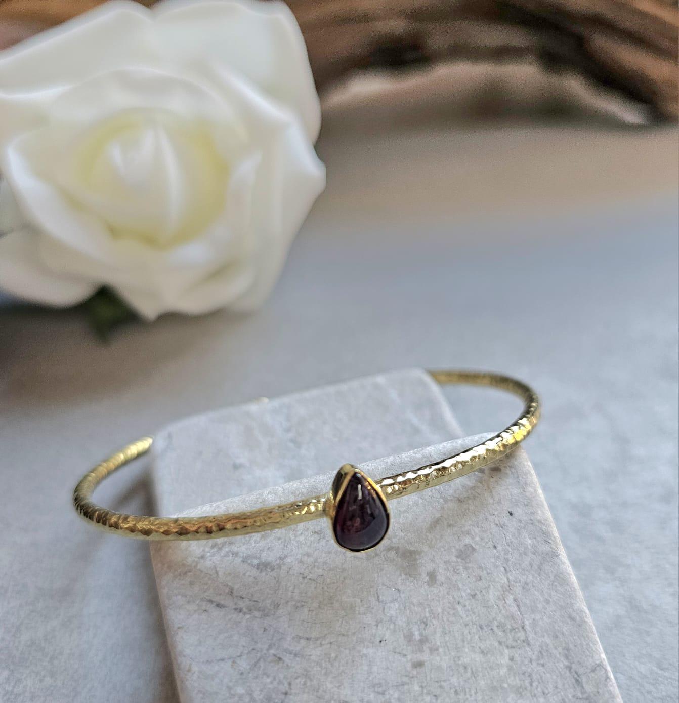 Brass Bangle with Labradorite: Adjustable Gold Bracelet