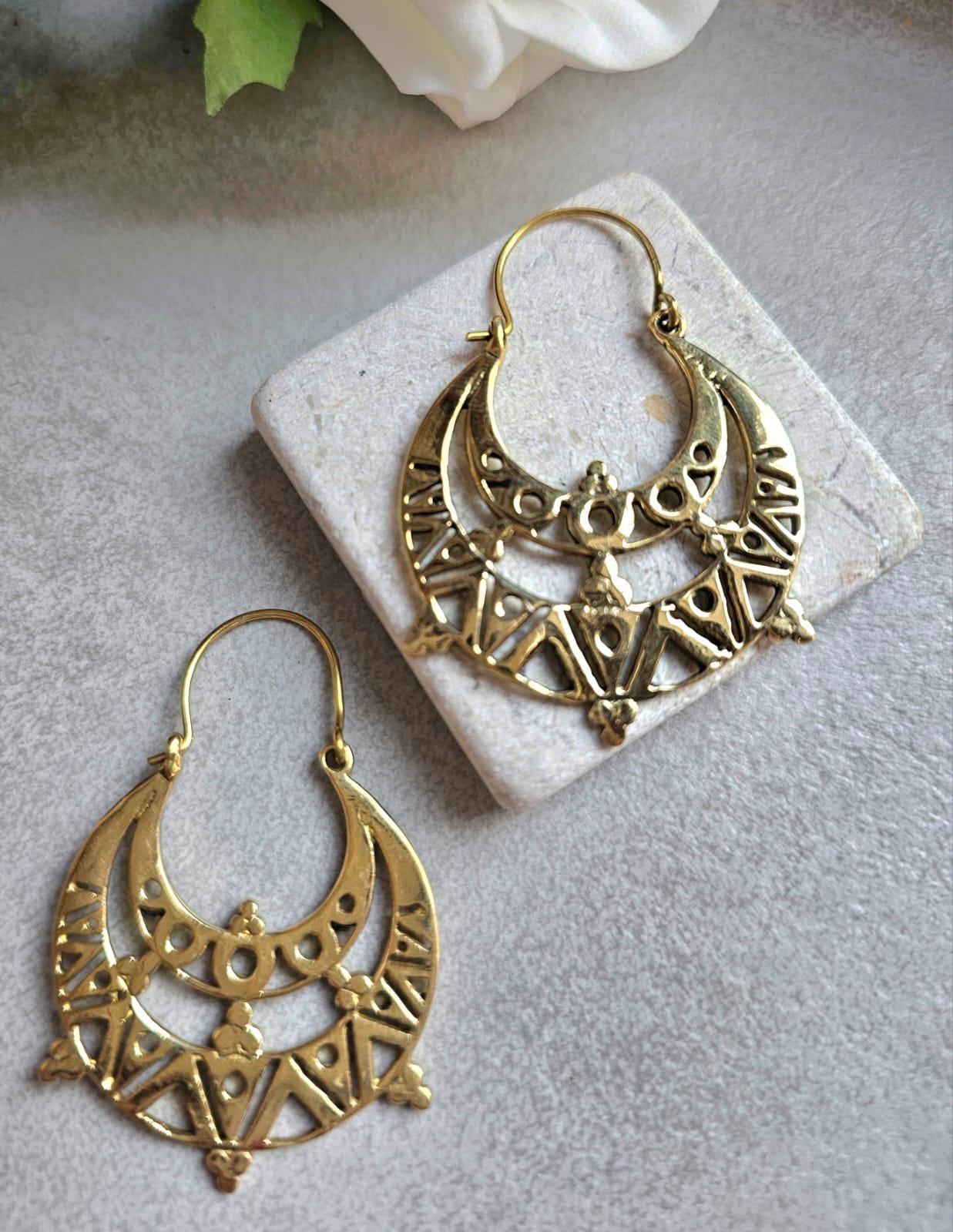 Raw Brass Moon Crescent Earrings – Tribal Goddess Jewellery – Bohemian Statement Earrings