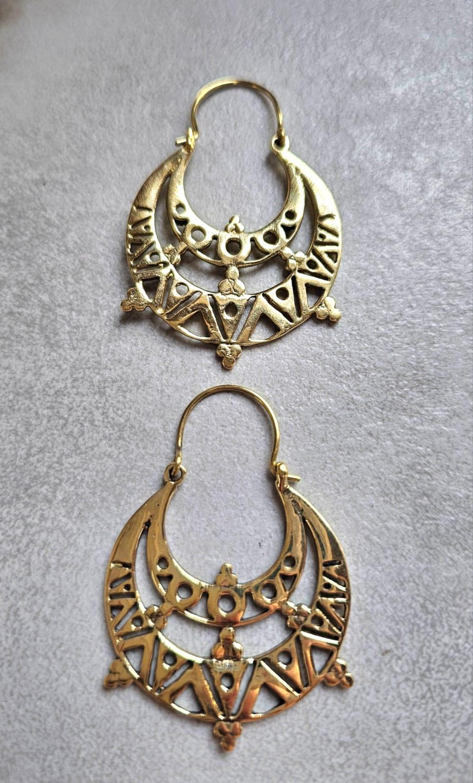 Raw Brass Moon Crescent Earrings – Tribal Goddess Jewellery – Bohemian Statement Earrings
