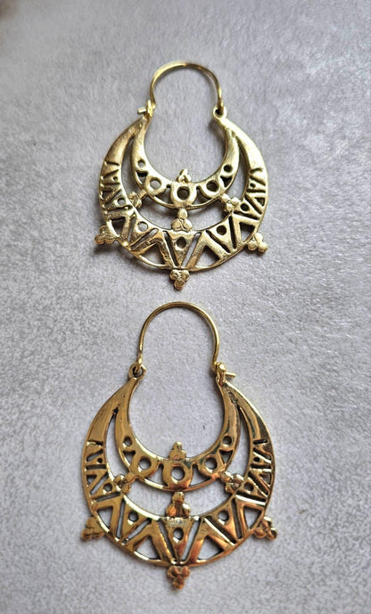 Raw Brass Moon Crescent Earrings – Tribal Goddess Jewellery – Bohemian Statement Earrings