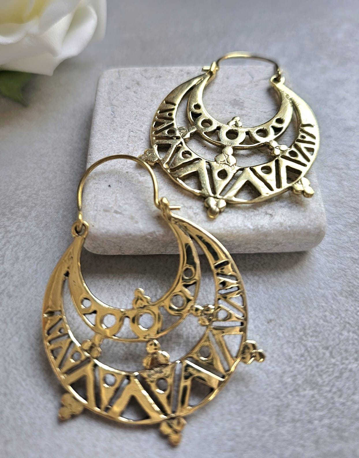 Raw Brass Moon Crescent Earrings – Tribal Goddess Jewellery – Bohemian Statement Earrings