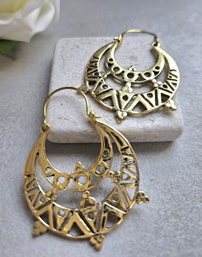 Raw Brass Moon Crescent Earrings – Tribal Goddess Jewellery – Bohemian Statement Earrings