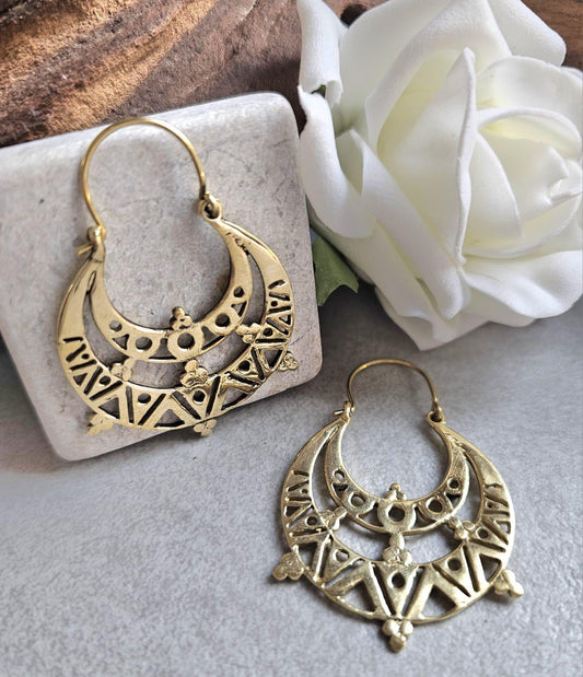 Raw Brass Moon Crescent Earrings – Tribal Goddess Jewellery – Bohemian Statement Earrings