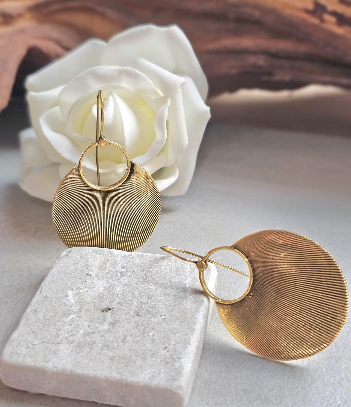 Raw Brass Oval Disc Earrings | Bohemian Textured Statement Earrings | Handmade Minimal Drop Earrings | Earthy Artisan Jewellery
