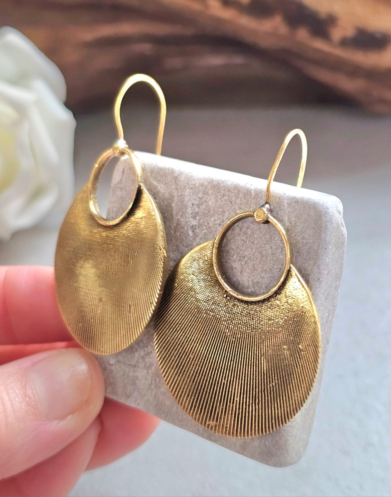 Raw Brass Oval Disc Earrings | Bohemian Textured Statement Earrings | Handmade Minimal Drop Earrings | Earthy Artisan Jewellery