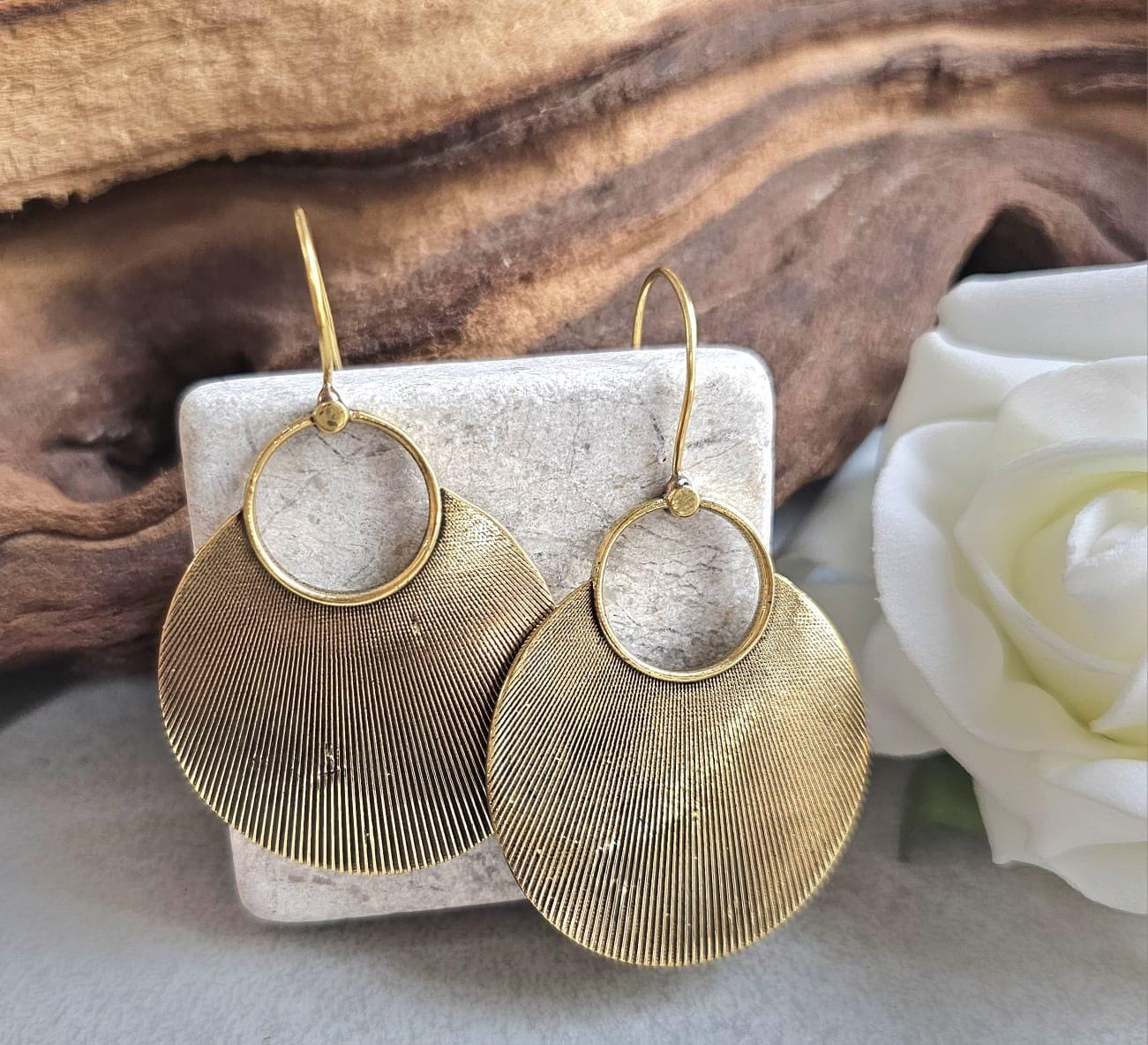 Raw Brass Oval Disc Earrings | Bohemian Textured Statement Earrings | Handmade Minimal Drop Earrings | Earthy Artisan Jewellery