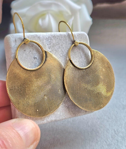 Raw Brass Oval Disc Earrings | Bohemian Textured Statement Earrings | Handmade Minimal Drop Earrings | Earthy Artisan Jewellery