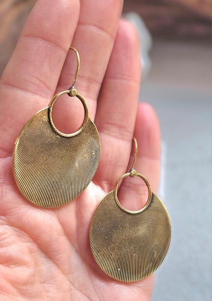 Raw Brass Oval Disc Earrings | Bohemian Textured Statement Earrings | Handmade Minimal Drop Earrings | Earthy Artisan Jewellery
