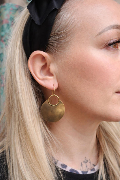 Raw Brass Oval Disc Earrings | Bohemian Textured Statement Earrings | Handmade Minimal Drop Earrings | Earthy Artisan Jewellery