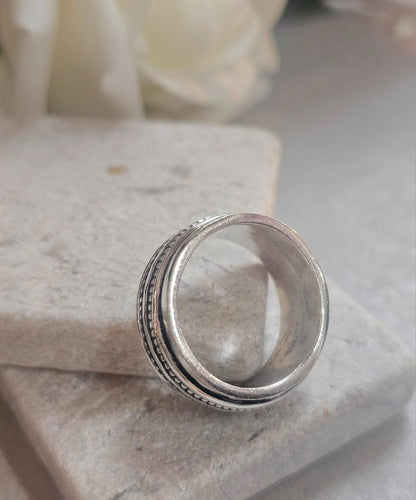 Silver Plated Spinner Ring – Wide Band Ring – Textured Rotating Design – Everyday Mindful Jewellery