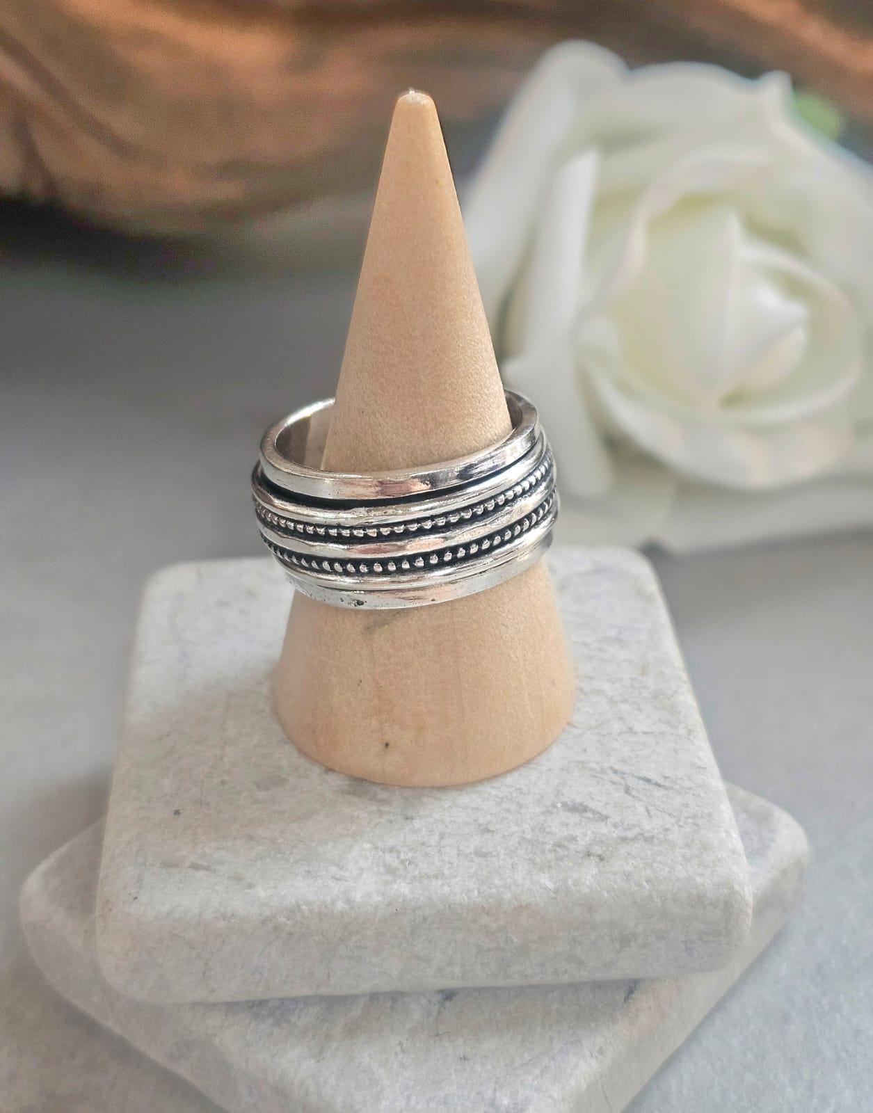Silver Plated Spinner Ring – Wide Band Ring – Textured Rotating Design – Everyday Mindful Jewellery