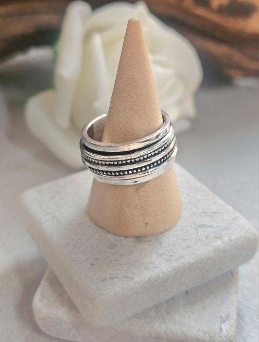 Silver Plated Spinner Ring – Wide Band Ring – Textured Rotating Design – Everyday Mindful Jewellery