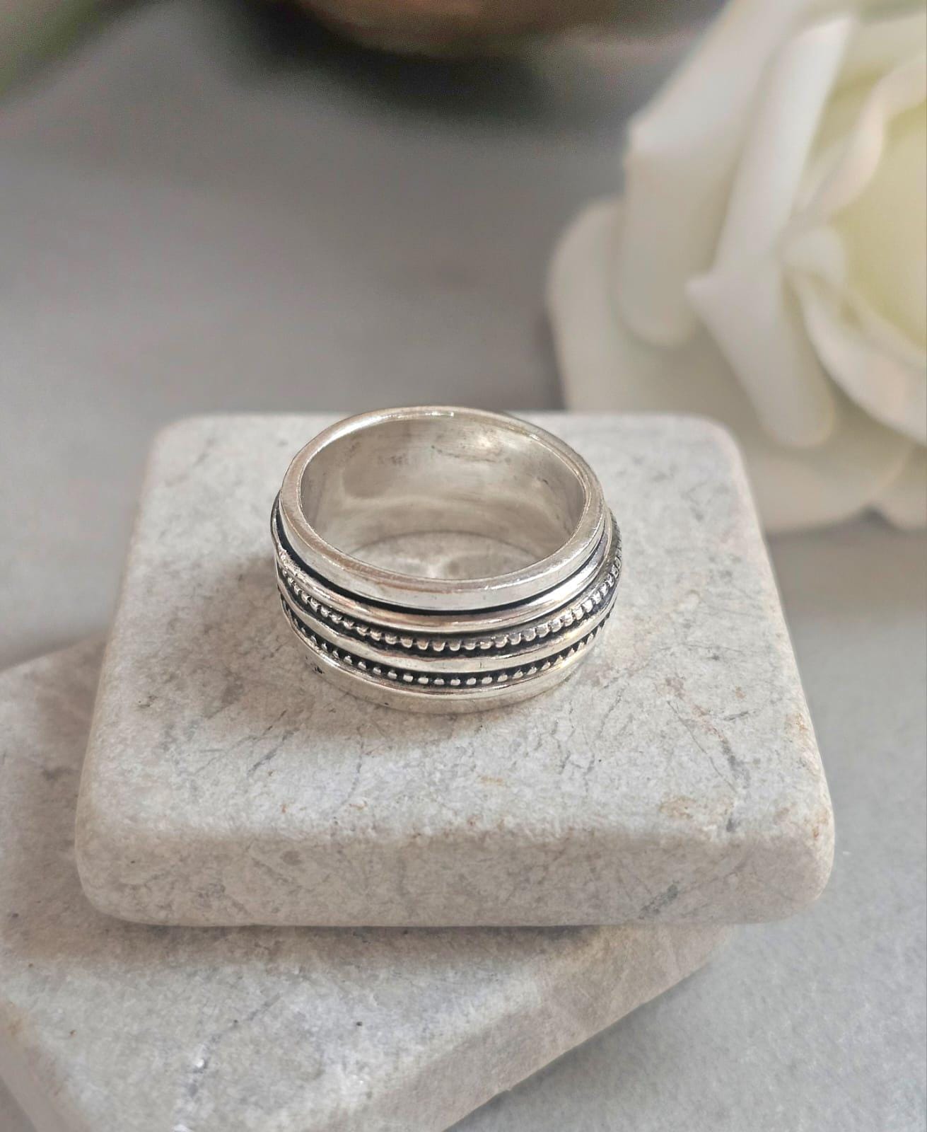 Silver Plated Spinner Ring – Wide Band Ring – Textured Rotating Design – Everyday Mindful Jewellery