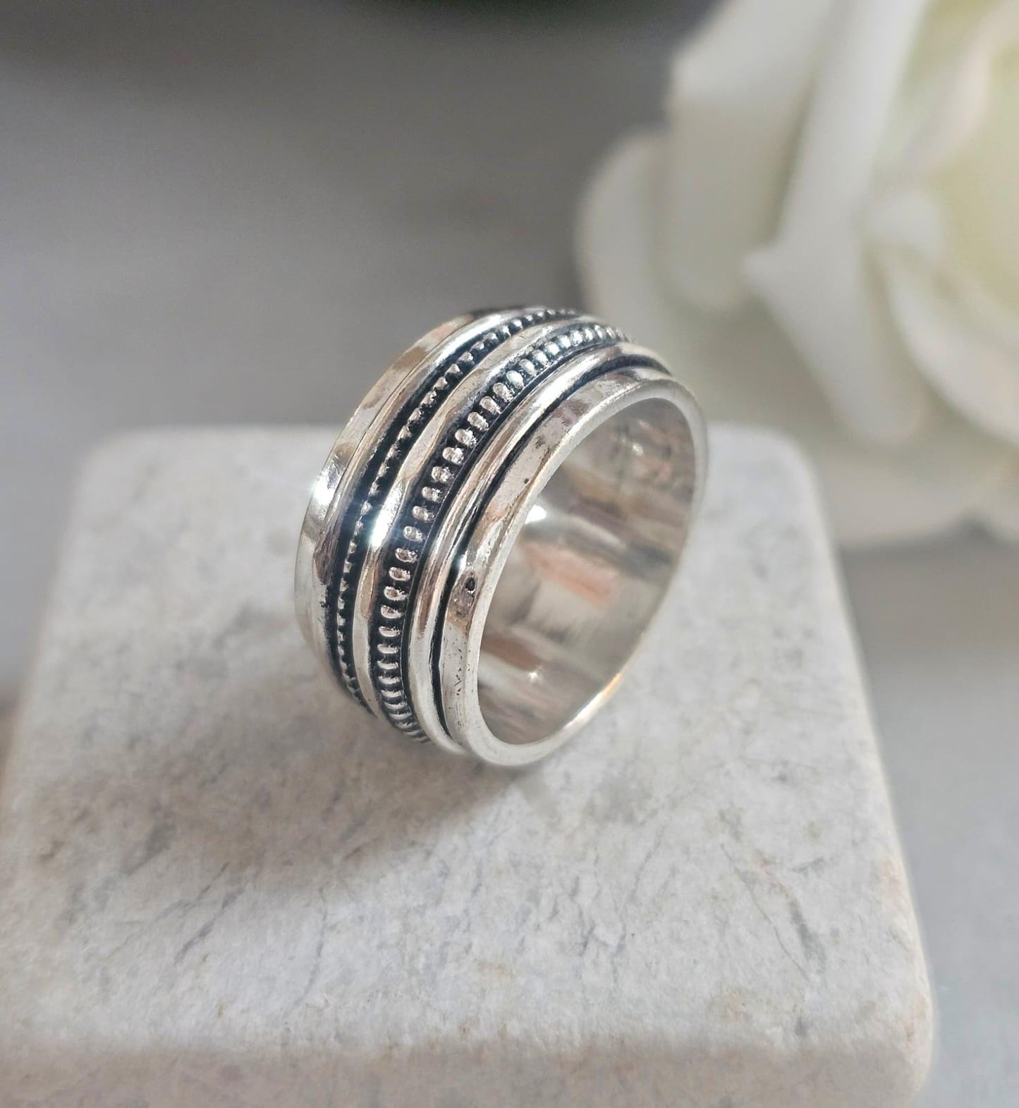 Silver Plated Spinner Ring – Wide Band Ring – Textured Rotating Design – Everyday Mindful Jewellery