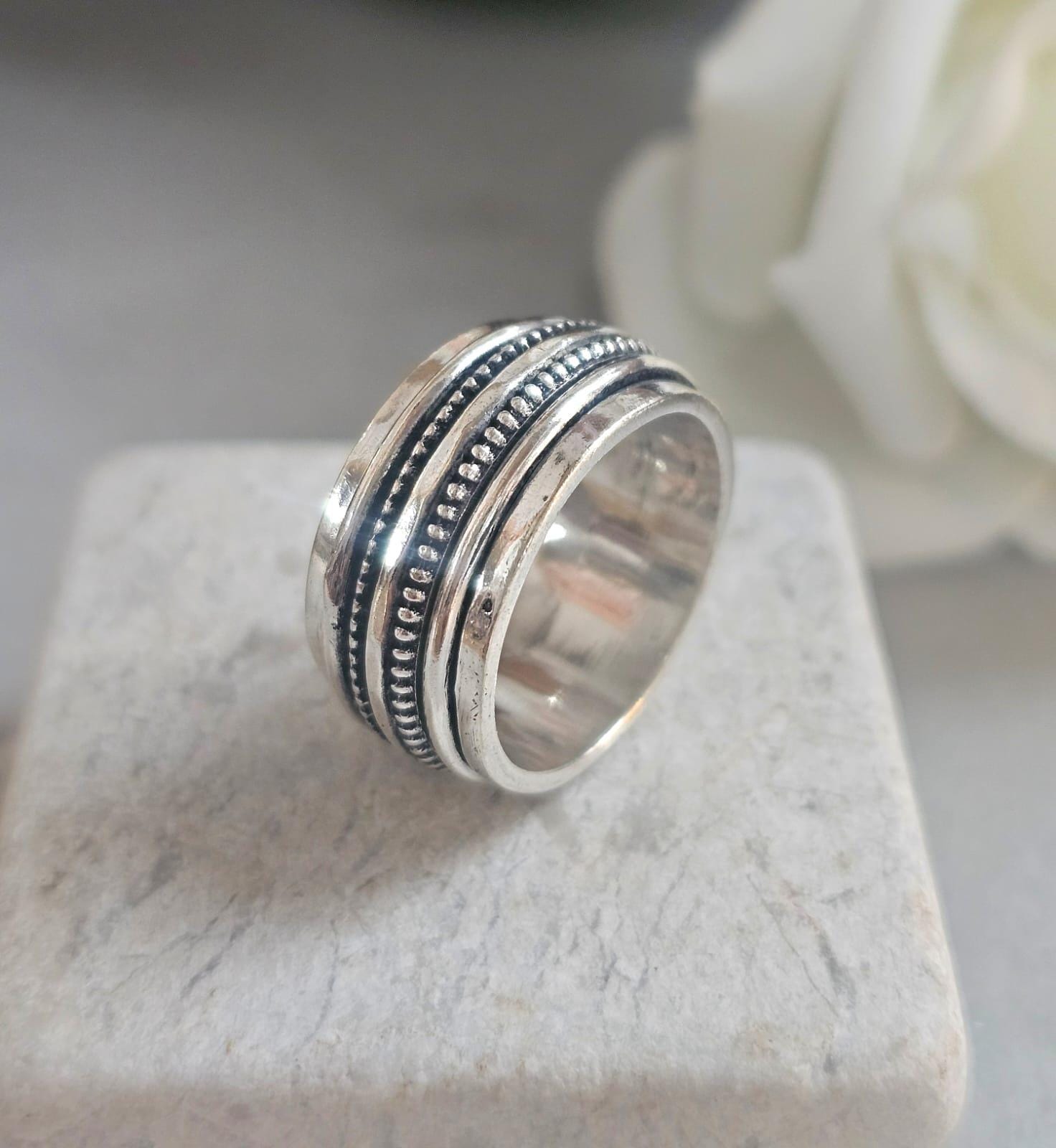 Silver Plated Spinner Ring – Wide Band Ring – Textured Rotating Design – Everyday Mindful Jewellery