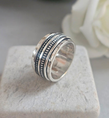 Silver Plated Spinner Ring – Wide Band Ring – Textured Rotating Design – Everyday Mindful Jewellery