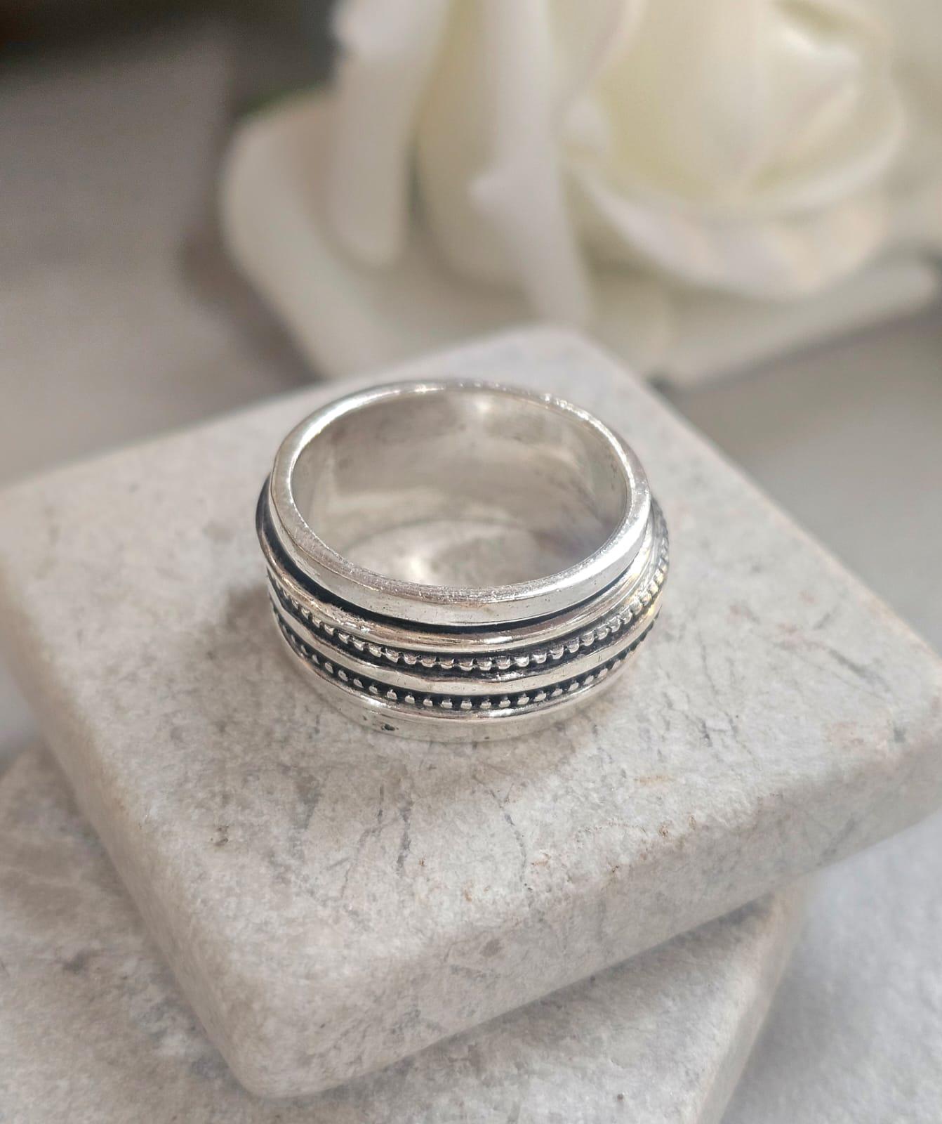 Silver Plated Spinner Ring – Wide Band Ring – Textured Rotating Design – Everyday Mindful Jewellery