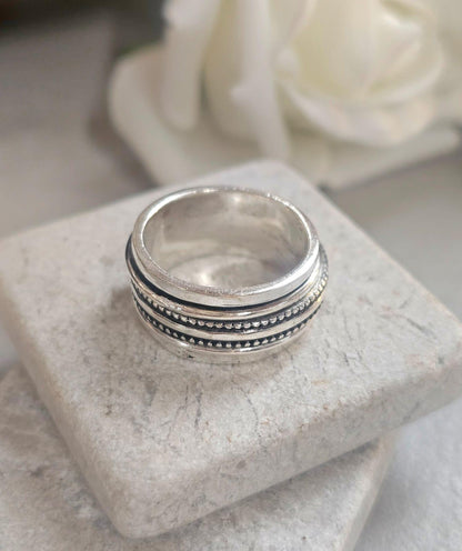 Silver Plated Spinner Ring – Wide Band Ring – Textured Rotating Design – Everyday Mindful Jewellery