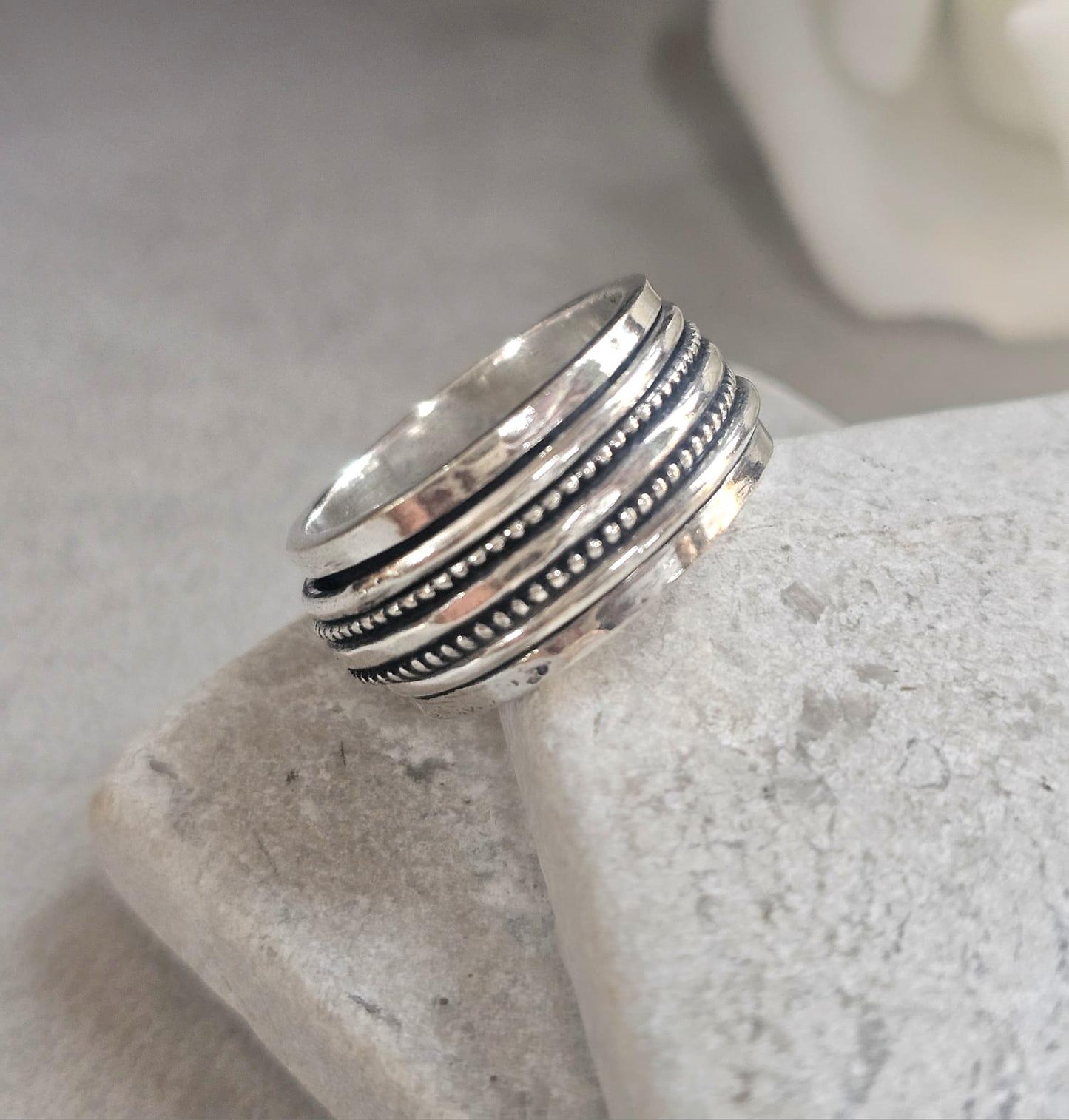 Silver Plated Spinner Ring – Wide Band Ring – Textured Rotating Design – Everyday Mindful Jewellery