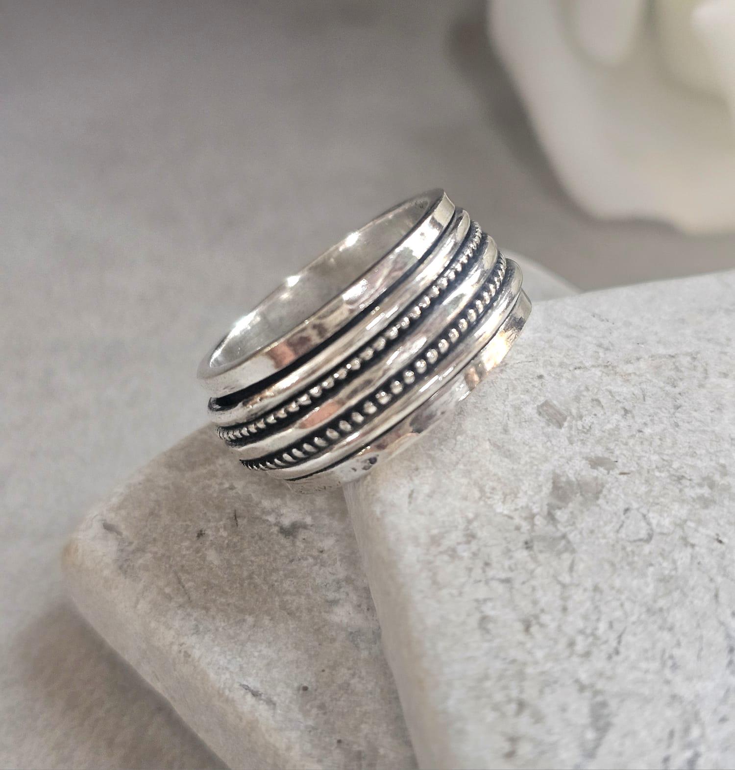Silver Plated Spinner Ring – Wide Band Ring – Textured Rotating Design – Everyday Mindful Jewellery