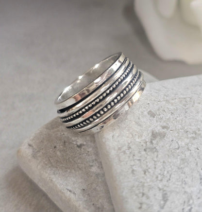 Silver Plated Spinner Ring – Wide Band Ring – Textured Rotating Design – Everyday Mindful Jewellery