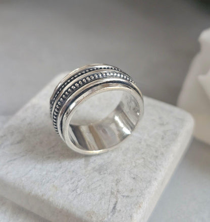 Silver Plated Spinner Ring – Wide Band Ring – Textured Rotating Design – Everyday Mindful Jewellery