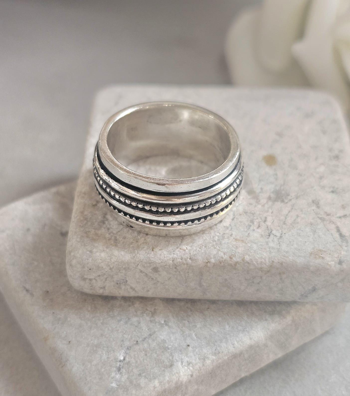 Silver Plated Spinner Ring – Wide Band Ring – Textured Rotating Design – Everyday Mindful Jewellery