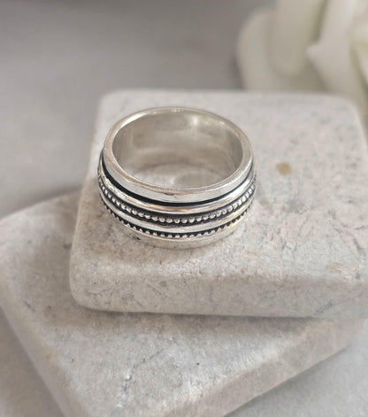 Silver Plated Spinner Ring – Wide Band Ring – Textured Rotating Design – Everyday Mindful Jewellery