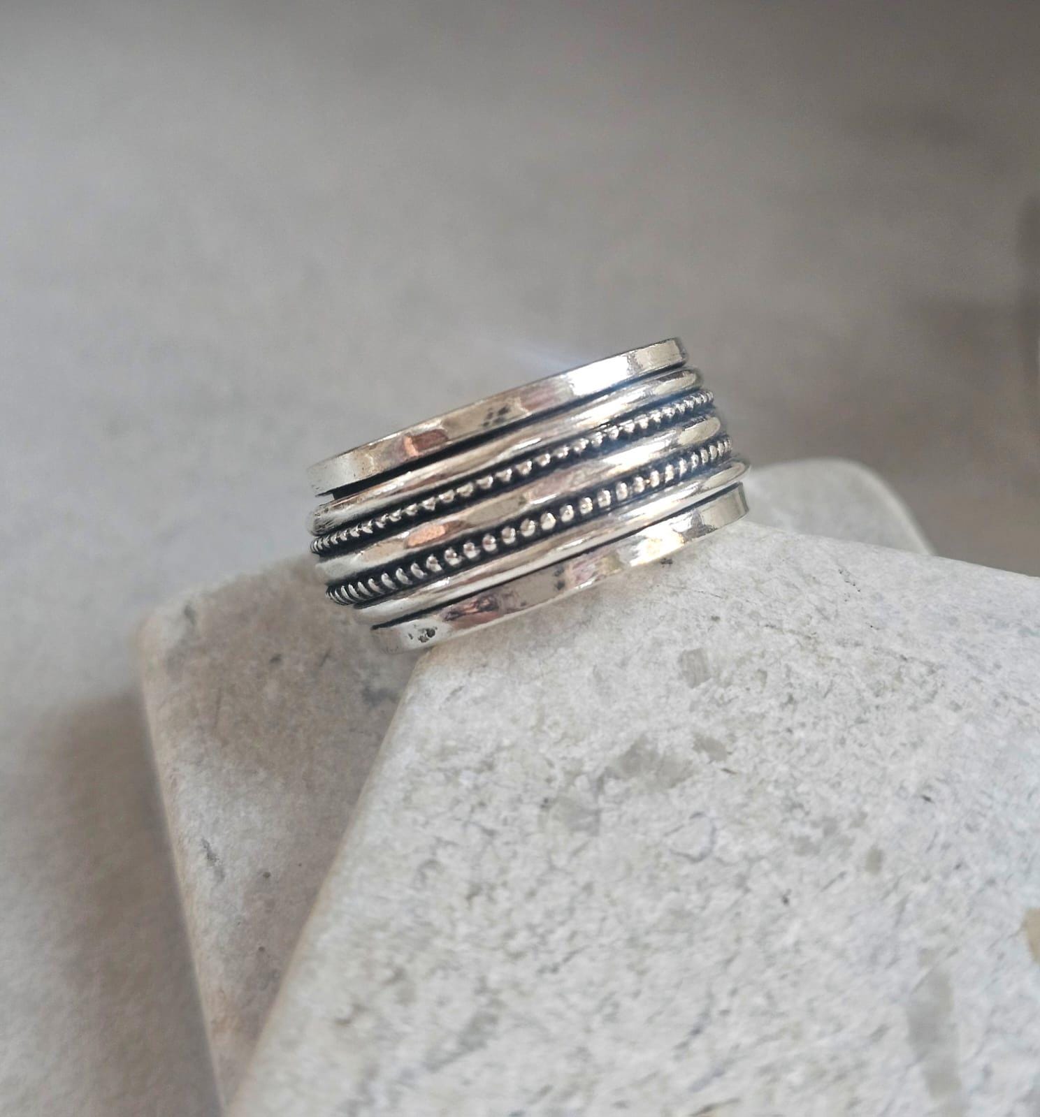 Silver Plated Spinner Ring – Wide Band Ring – Textured Rotating Design – Everyday Mindful Jewellery