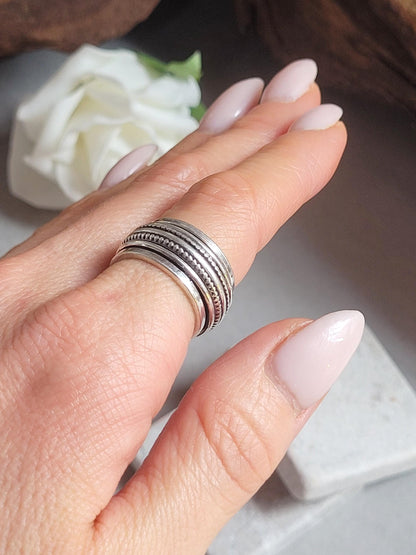 Silver Plated Spinner Ring – Wide Band Ring – Textured Rotating Design – Everyday Mindful Jewellery