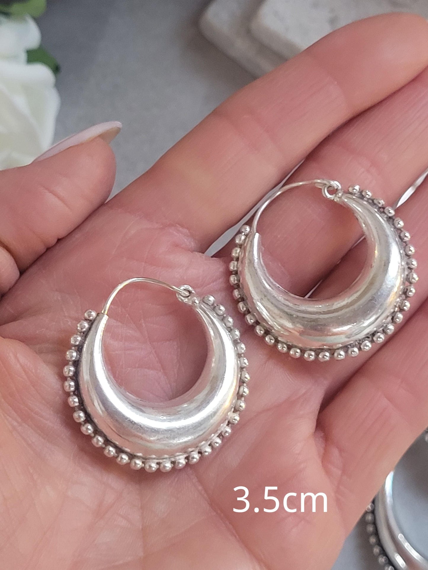Silver Boho Hoop Earrings – Tribal Crescent Hoops – Silver Plated, Nickel & Lead Free – Statement Earrings – Available in 6 Sizes