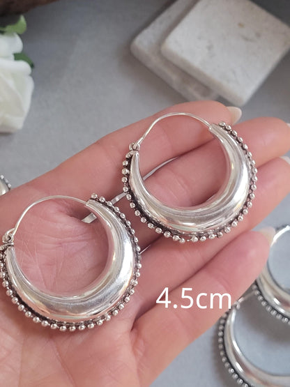 Silver Boho Hoop Earrings – Tribal Crescent Hoops – Silver Plated, Nickel & Lead Free – Statement Earrings – Available in 6 Sizes