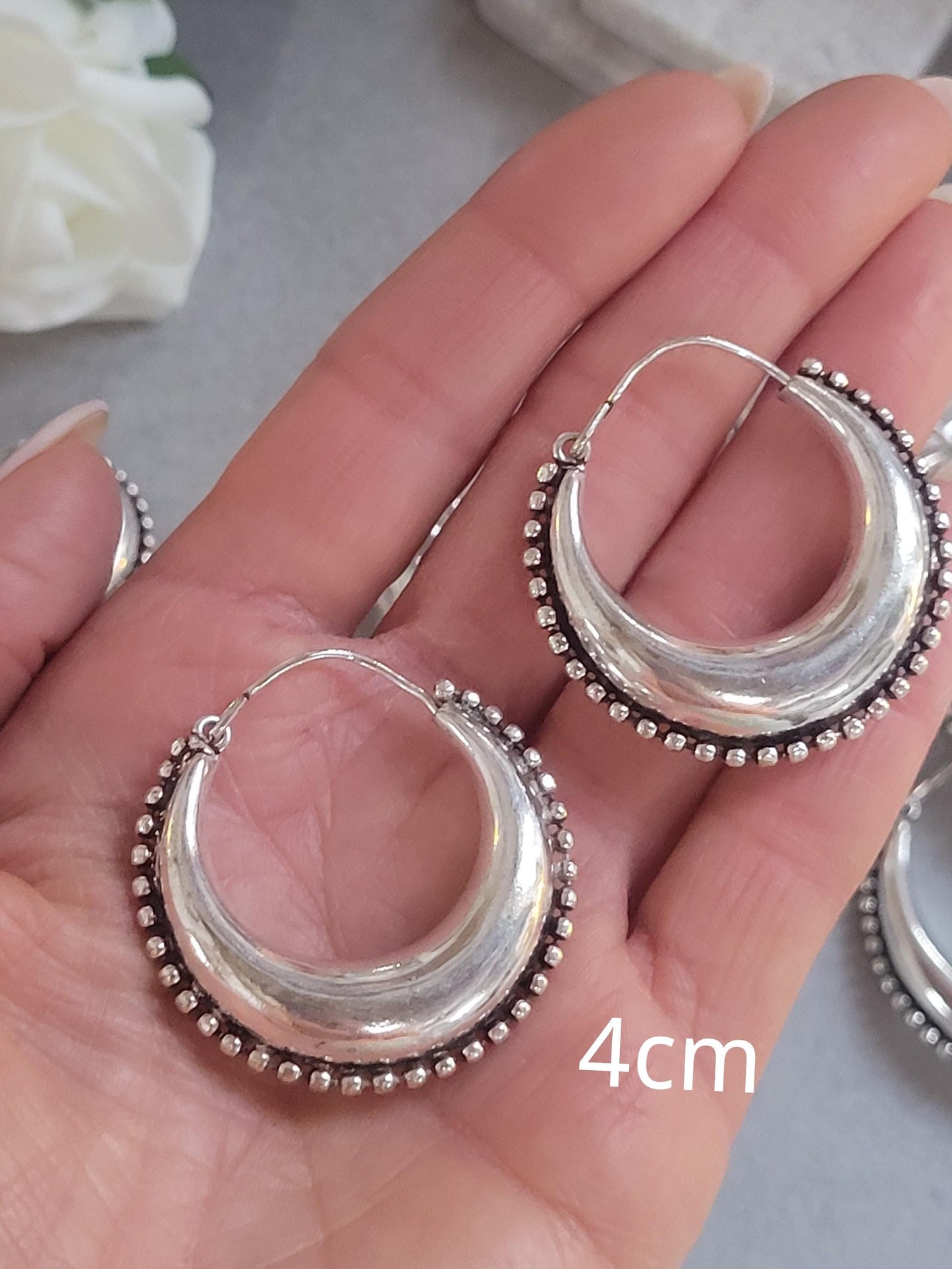 Silver Boho Hoop Earrings – Tribal Crescent Hoops – Silver Plated, Nickel & Lead Free – Statement Earrings – Available in 6 Sizes