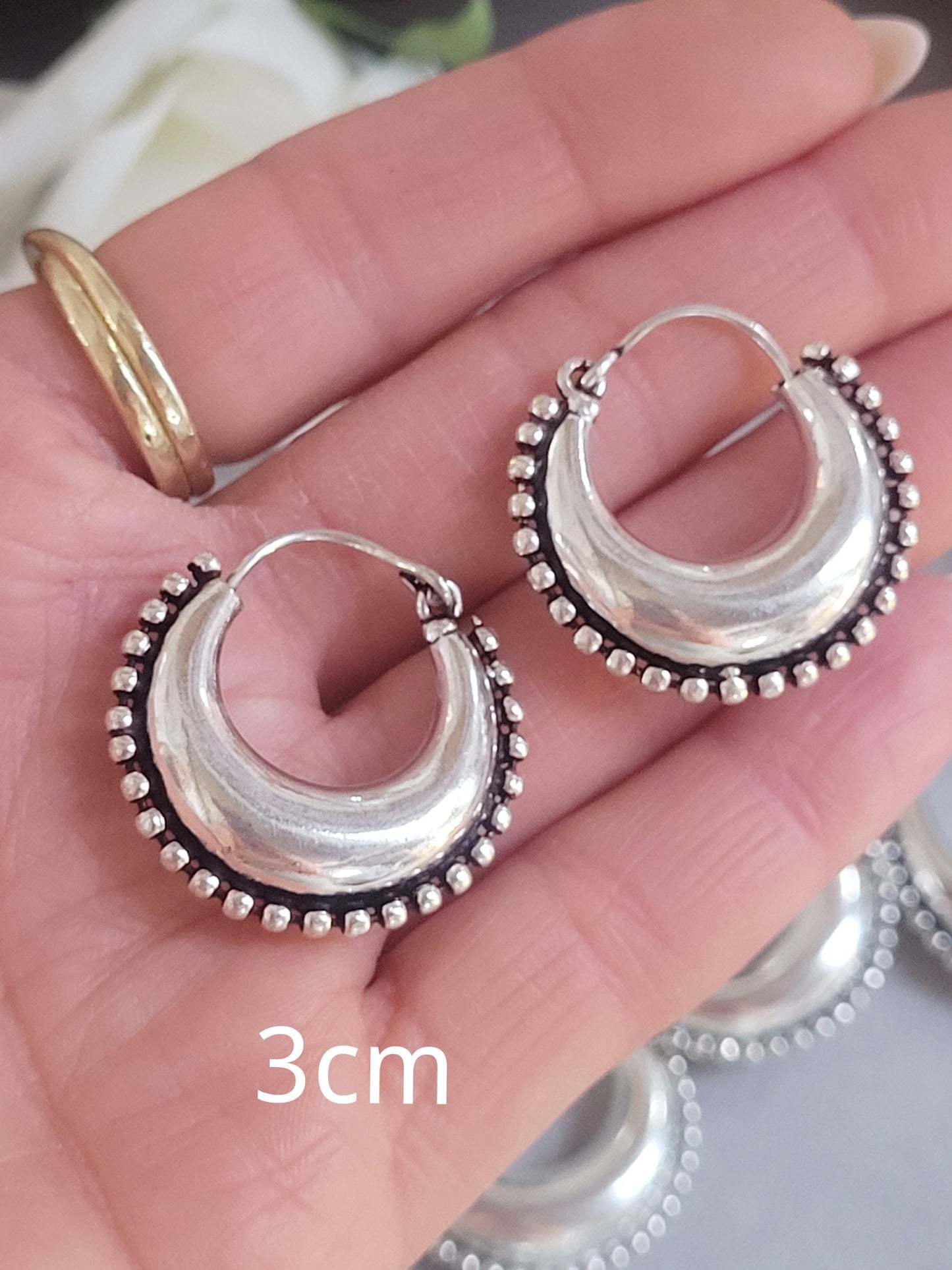 Silver Boho Hoop Earrings – Tribal Crescent Hoops – Silver Plated, Nickel & Lead Free – Statement Earrings – Available in 6 Sizes