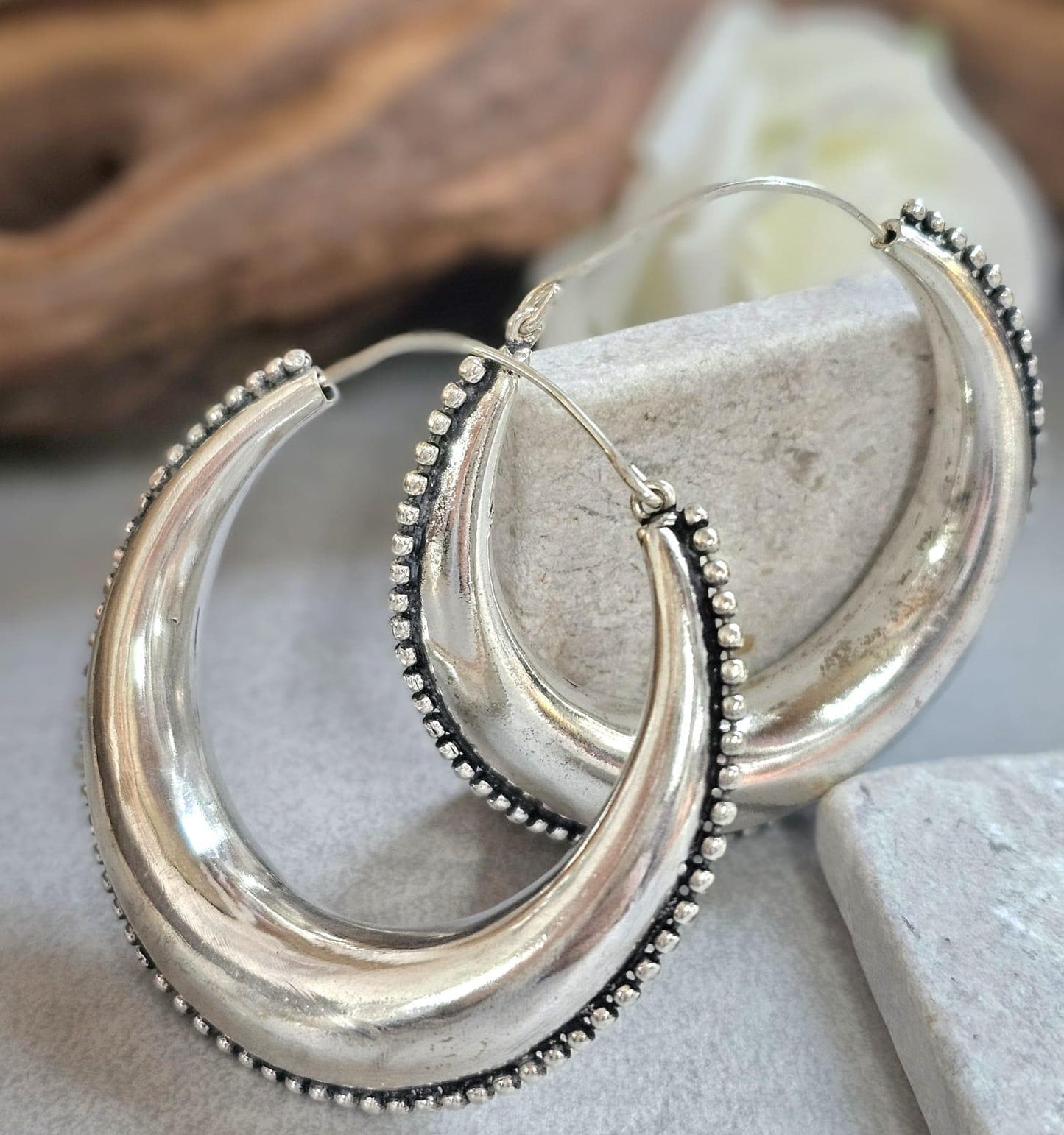 Silver Boho Hoop Earrings – Tribal Crescent Hoops – Silver Plated, Nickel & Lead Free – Statement Earrings – Available in 6 Sizes